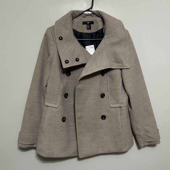 H&M Women's Pea Coat Jacket 12 Taupe Beige Casual Double Breast Button High Neck - Picture 4 of 14